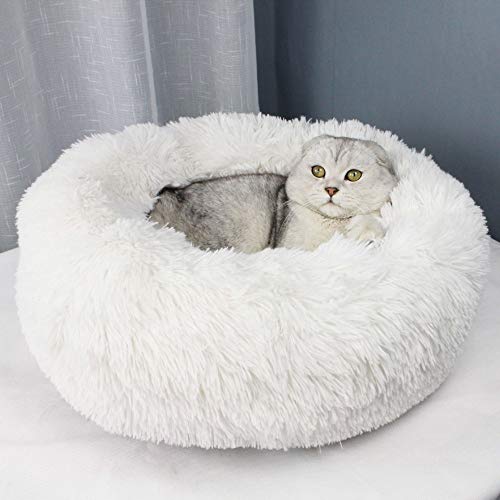 TIKEN Lit pour Chat Lit pour Chien Extra-Doux Confortable Et Mignon,Coussin pour Lit De Chat Lavable,Lit Donut Chien,White-S40cm