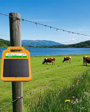 Série d'images de paysages extérieurs montrant des installations de clôtures électriques dans des pâturages verdoyants avec des montagnes en arrière-plan.